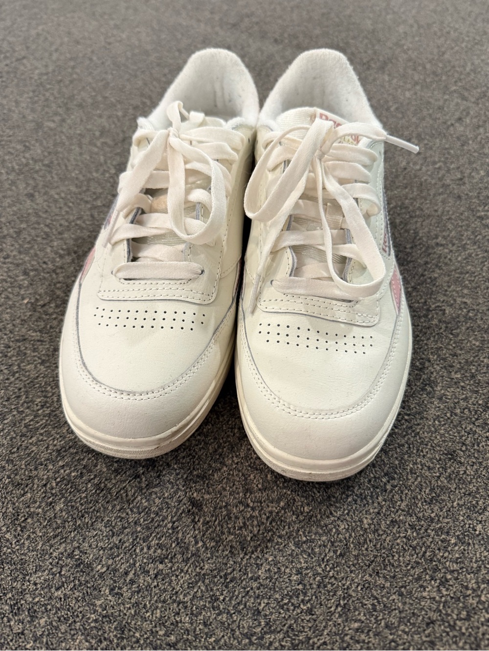 Reebok Women's White Leather Lace-Up Sneakers with Pink Accent